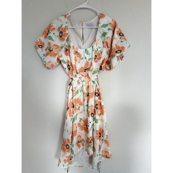 Harper And Me Cutout Back Puff Sleeve Orange Floral Midi Dress Tie Size 10 - Picture 1 of 6
